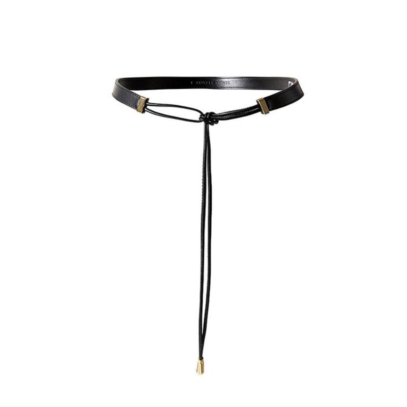 Узкий кожаный ремень-пояс с узлом - пояс-корректор с кисточкой для женщин чёрный