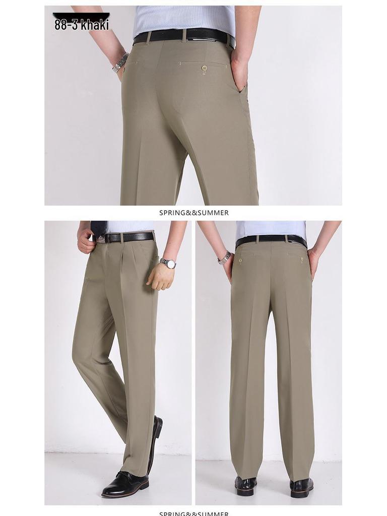 Men's Summer Mulberry Silk Dress Pants: Double Pleated, Loose Fit, Straight Leg, High Waist, Deep Crotch.