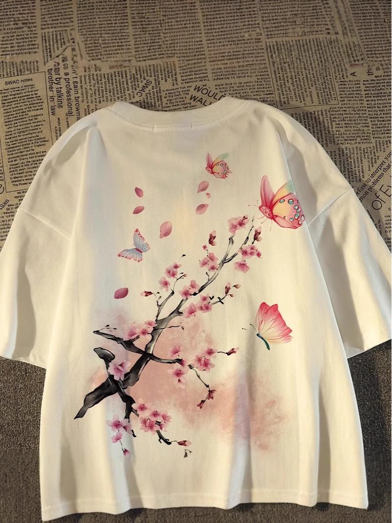 

Unisex Cherry Blossom Butterfly Print Cotton T-Shirt XXL