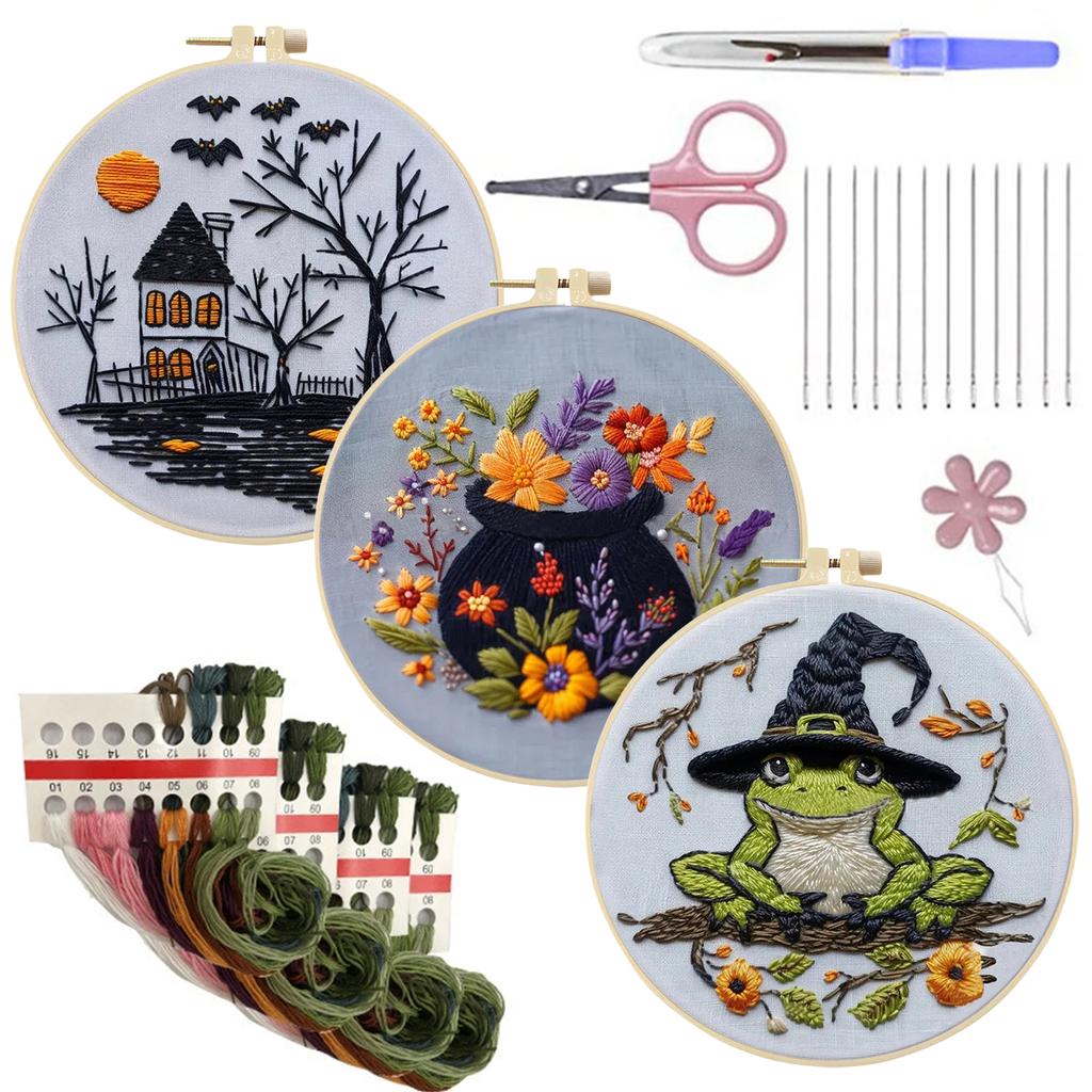 4pcs Stamped Cross Stitch Kits with Embroidery Hoop Needles Threads Instruction Cross Stitch Starter Kit with Halloween Patterns