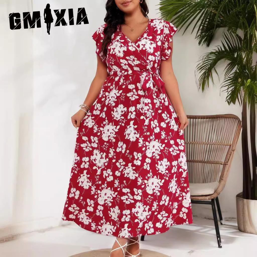GMXIA Summer Women's V-Neck Tie Belt Large Size Red Dresses