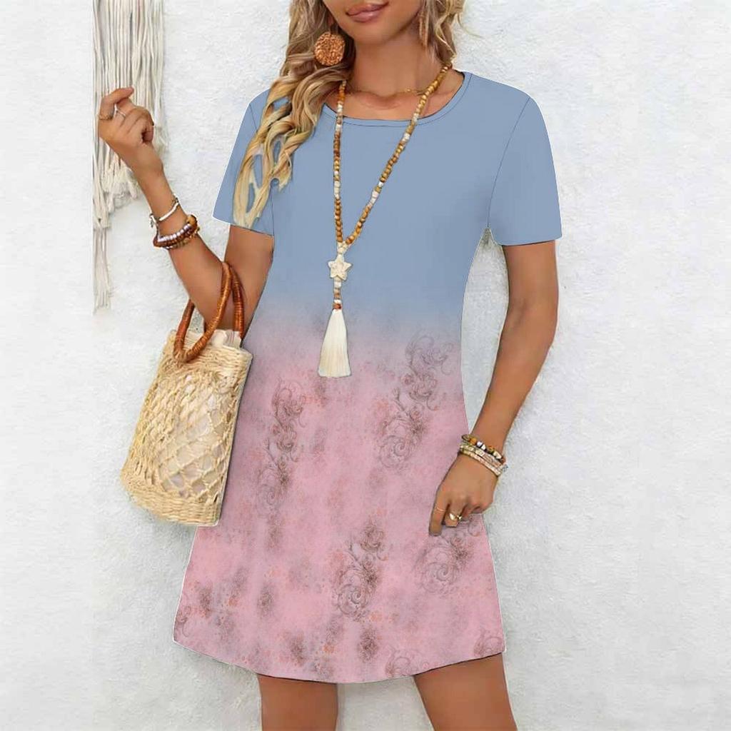 Women's Fashion Graceful Beautiful  Flower Print Summer Spring Short Sleeve O-Neck Casual Dresses