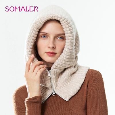 Damen Winter Wolle Strick Kapuzenmütze Dick Warm Sturmhaube Nackenwärmer Mit Reißverschluss Damenmode Schnee Beanie Mütze