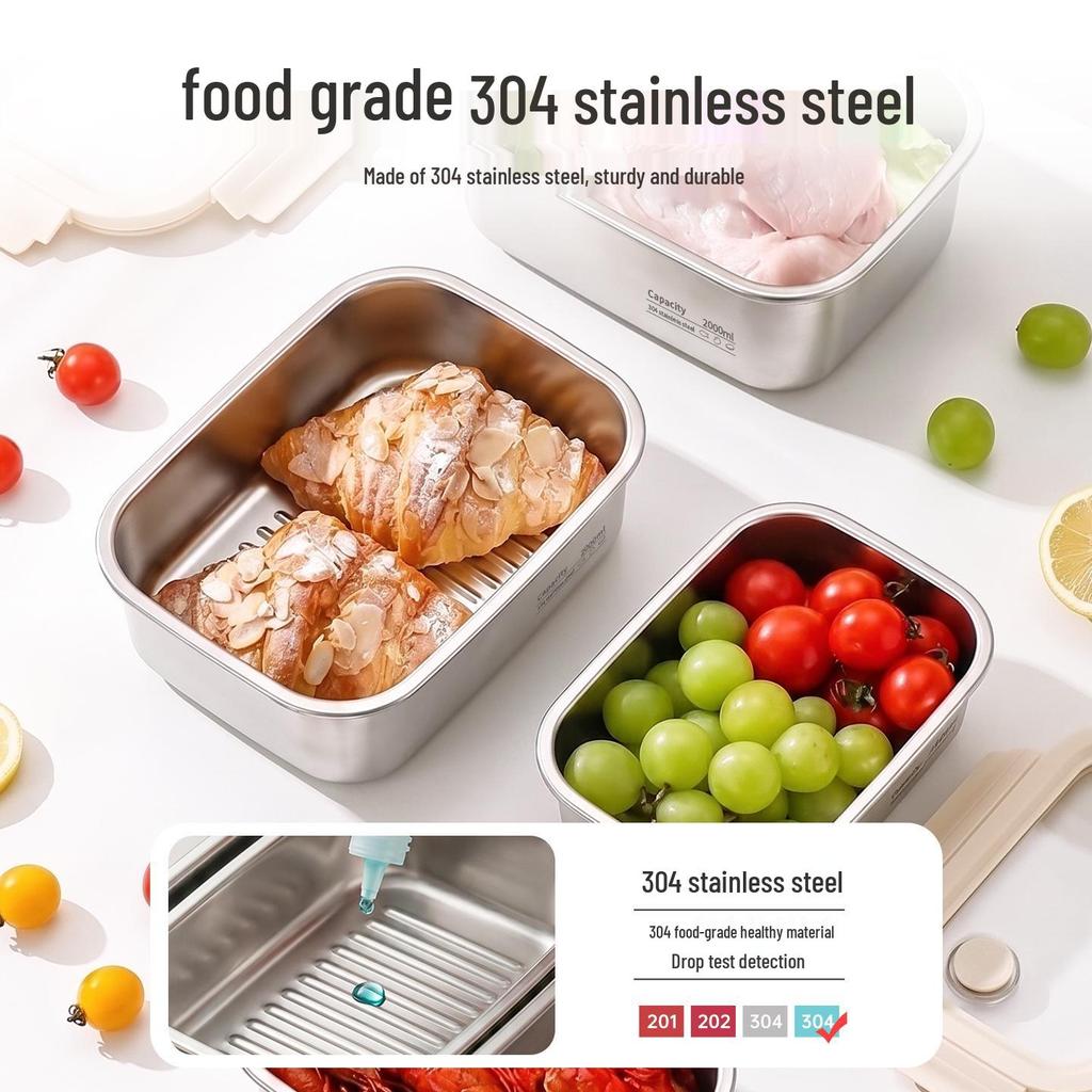 304 Stainless Steel Food Grade Fresh-Keeping Lunch Box with Lid for Refrigerator Storage and Meal Prep.