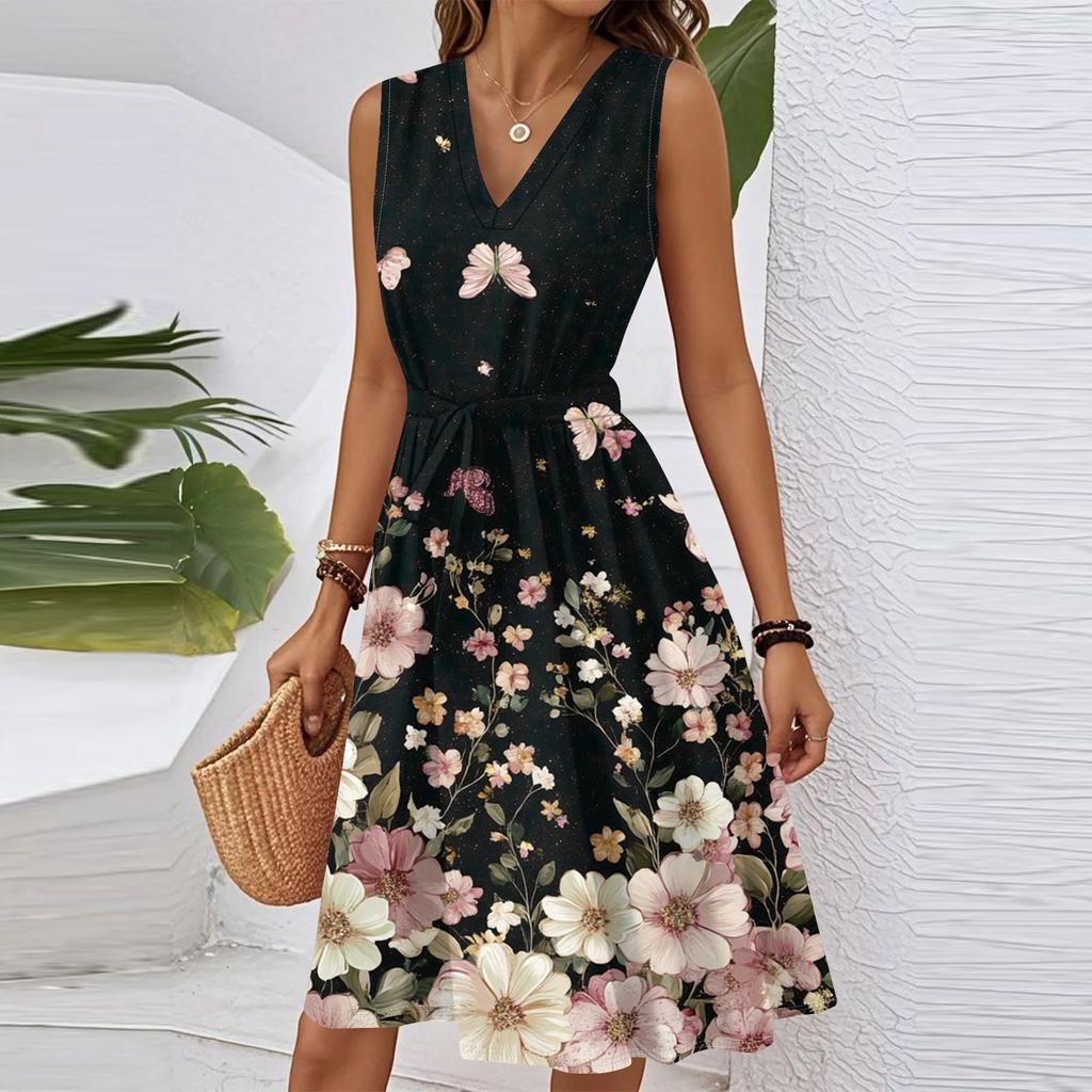Women's Spring Summer Casual V Neck Sleeveless Waist Floral Print Midi Dress
