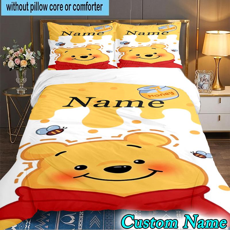 3PCS Custom Name Little yellow bear and friends Bedding Set Duvet Cover Closure Includes 1 Duvet Cover & 2 Pillowcases for All Seasons Bedroom Decor