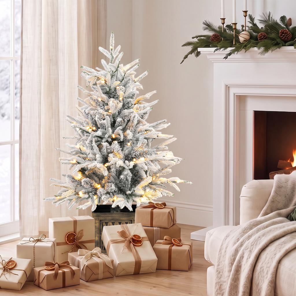 90 cm Prelit Flocked Christmas Tree, Base Stand, Green White