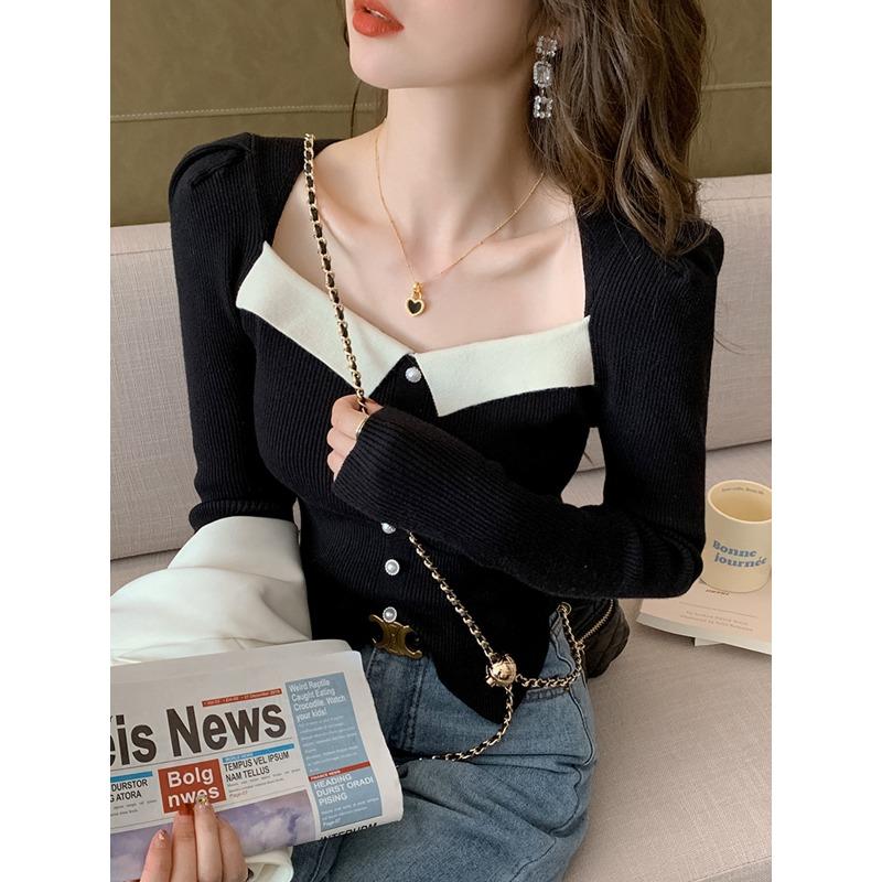 Square Neck Color Matching Bubble Sleeve Pullover Sweater Women's Autumn and Winter Temperament Celebrity Slim-fitting Chic Bottoming Knitted Sweater