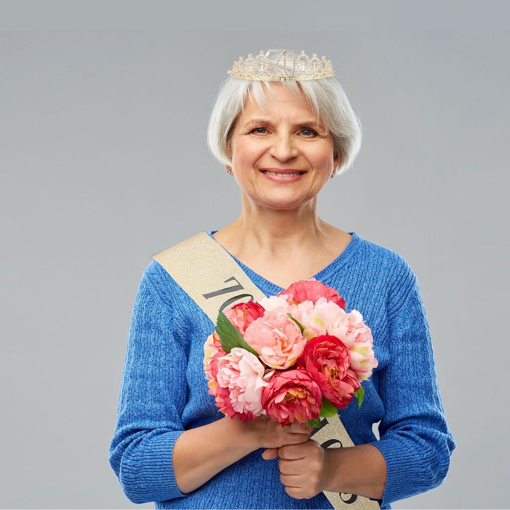 1Set Birthday Crown Tiara Sash Set Glitter Rhinestone Decoration for 70th Birthday Party Women Glamorous