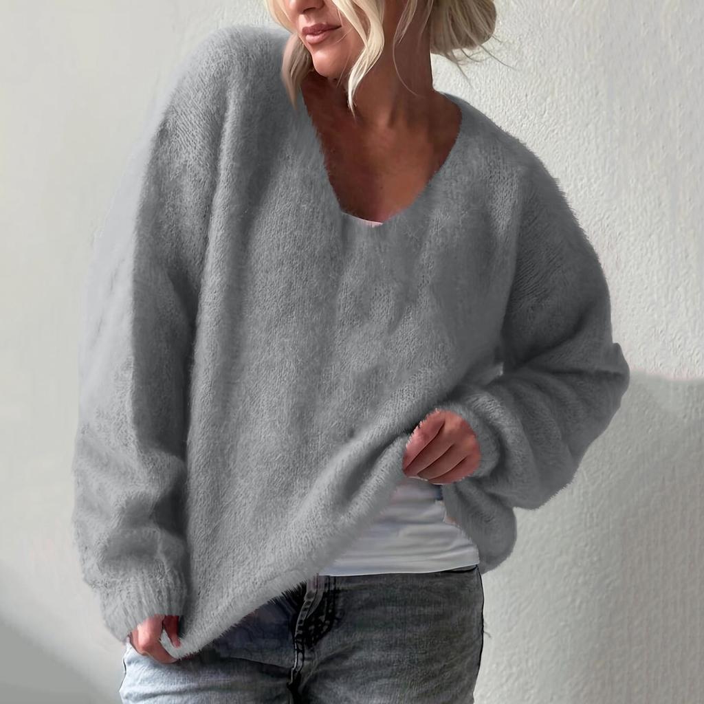 Women's Fashion Casual V-neck Solid Color Long-sleeve Knitted Sweater Top