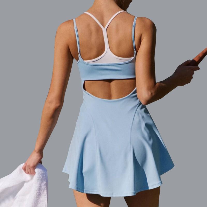 Womens High-Elastic Quick-Dry Yoga Jumpsuit With Built-in Bra Pad Color-Block Backless Sport Dress Running Gym Tennis