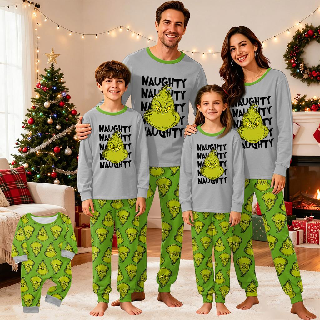 Christmas Print Matching Family Pajama Set Long Sleeve Neck Top and Pants for Parents and Kids