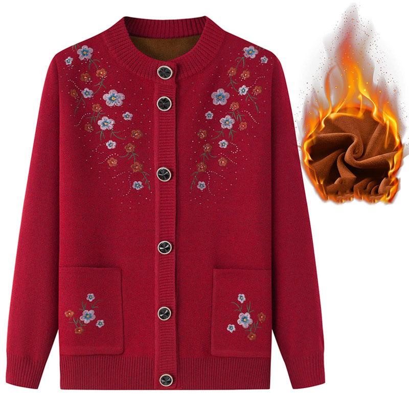 

Зимний флисовый утолщенный вязаный свитер для мам с вышивкой, элегантная одежда для пожилых людей XL зелёный