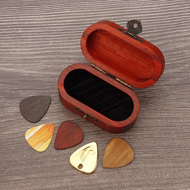 Wood Guitar Pick Storage Box Container Portable Guitar Pick Box Holder Collector with 5 Guitar Pick Gift for Guitarist