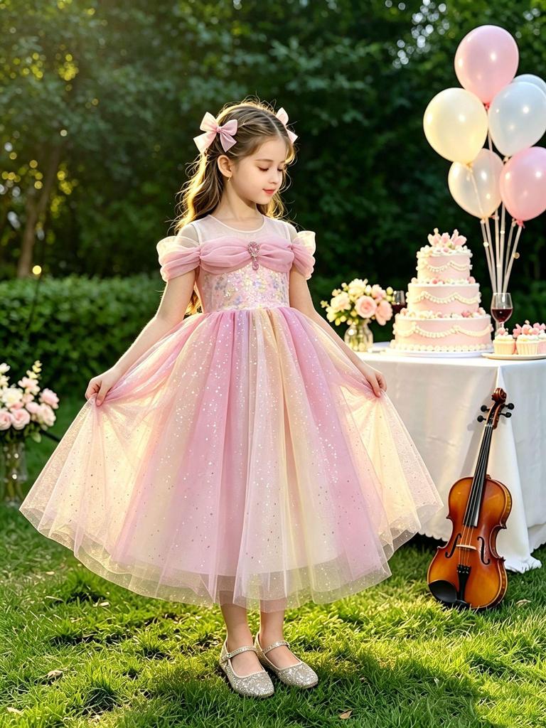 Girls' Sweet Princess Dress with Pink-Yellow Gradient Mesh for Summer Birthday Party