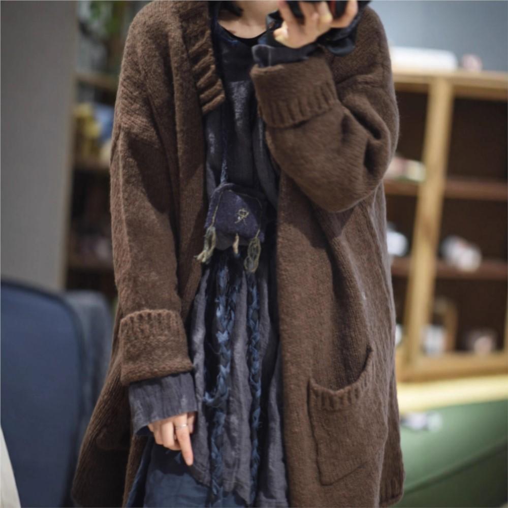 

Johnature Women Vintage Winter Sweater Solid Color Knitted Button Patchwork Pockets Long Sleeve Sweater Coats One Size кофейный