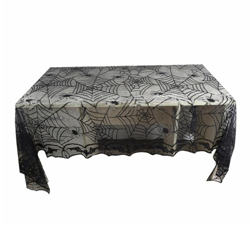 Scary Spiderweb Fabric Table Cloth Black Lace Table Cover With Spiderweb Bat Motifs For Home Decors Washable Table Cloth