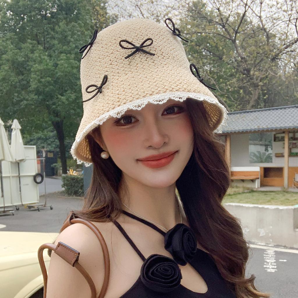 New Hollow Bucket Hat Women's Summer Breathable Sunscreen Hat Sweet Bow Sunshade Bucket Hat