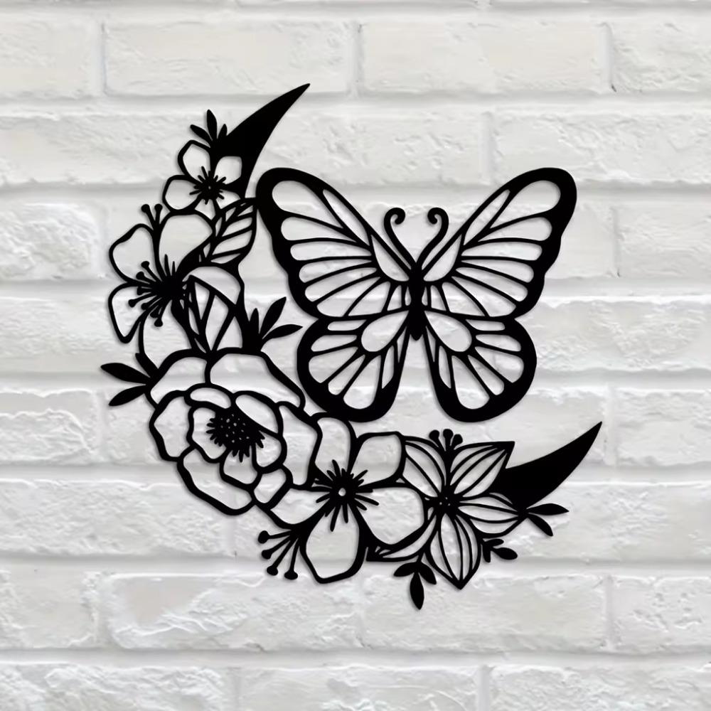 Moon Phase Boho Wall Pediments – Nordic Metal Wall Art with Flowers and Butterflies. Ideal for Moon Phase Wall Hanging and Decor