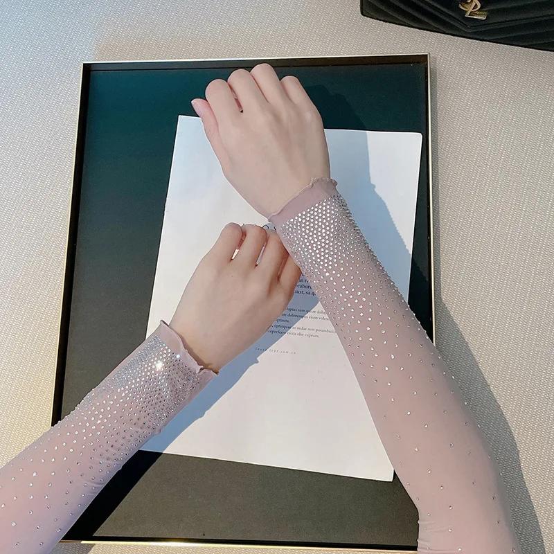 

Summer Thin High Elastic Half Finger Flash Drill Sunscreen Arm Sleeve Women Driving Ice Silk Long Gloves Outdoor Driving Sun One Size