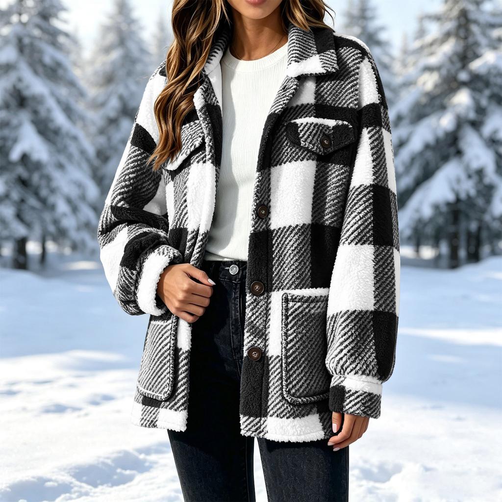 Damen Karojacke mit Taschen Knopfleiste Wintermantel für Freizeit und Alltag