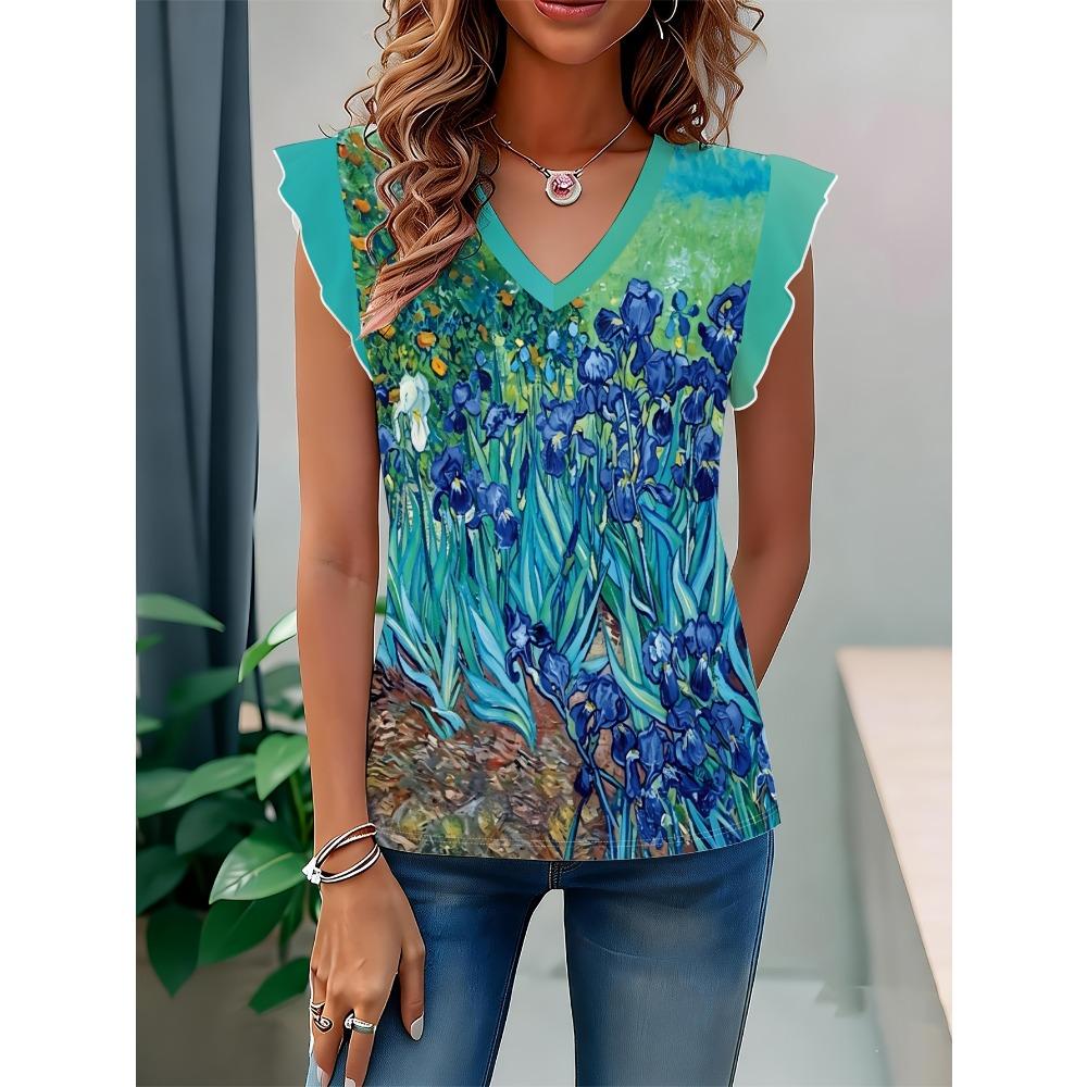 Van Gogh Iris Oil Painting High-Quality Women S Full Print V-Neck Top, Ruffled Sleeve T-Shirt S