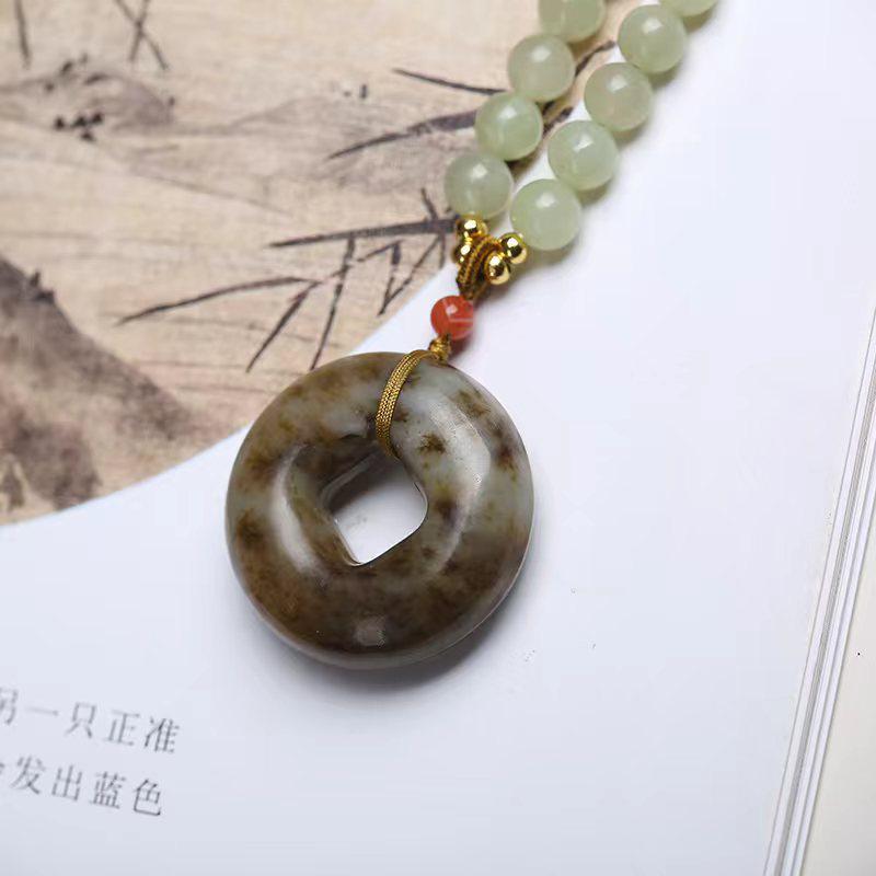 Hetian Jade Beaded Ping An Kou Pendant Necklace - Unisex Wenwan Style
