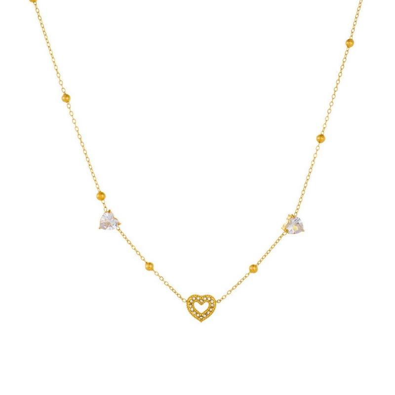 Gold Plated Heart CZ Beaded Necklace, Dainty Open Heart Pendant Link Chain with Clear Zircon Charms, Love Jewelry for Women Gift