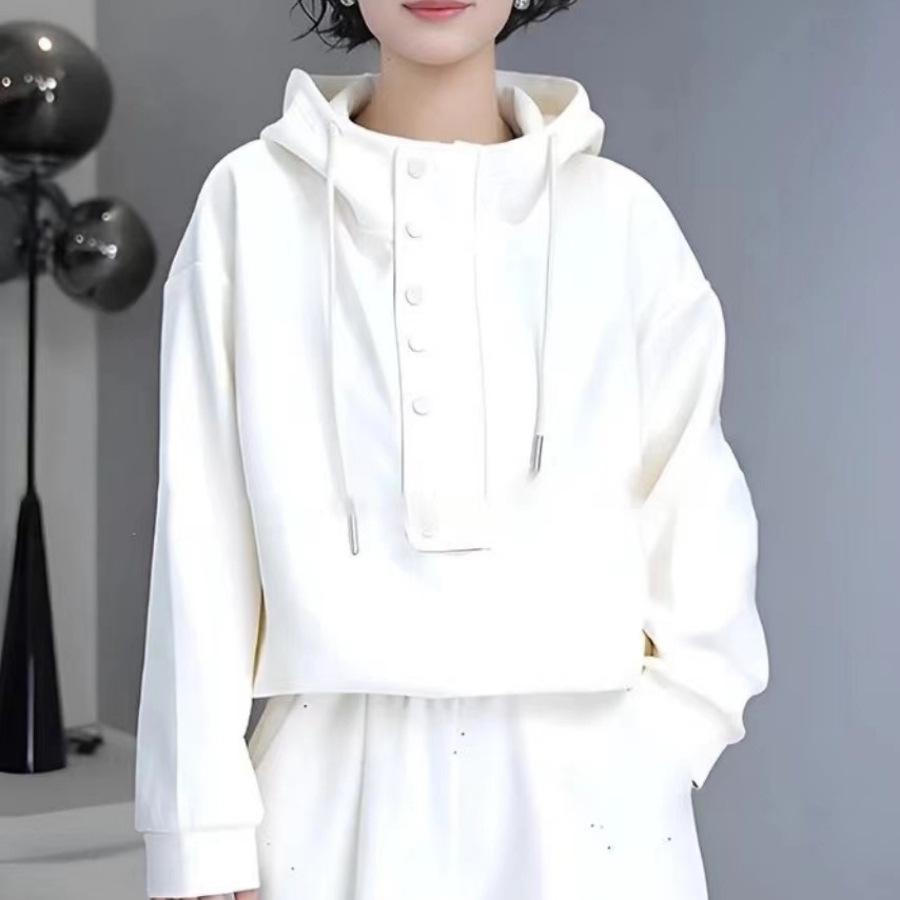 Early Spring Casual Hooded Sweatshirt - Versatile Loose Fit, Half-High Neck, Trendy Small Size Top