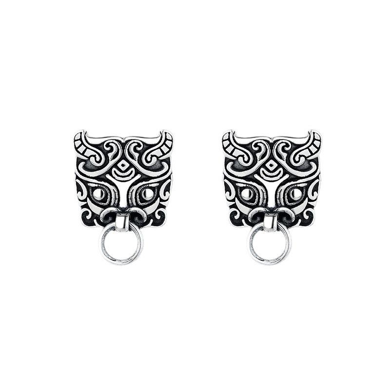 Thai Silver Qiuniu Stud Earrings For Men And Women, Ruffian Handsome Ethnic Style Earrings, Personality Domineering Retro Tremella Decoration