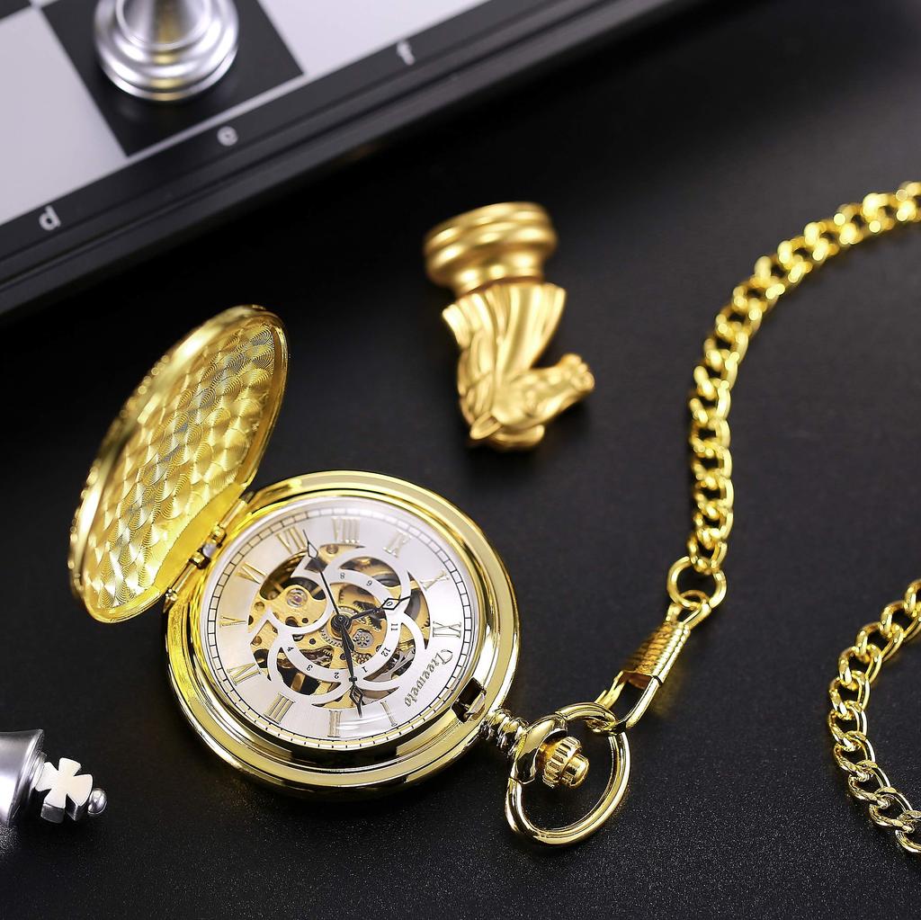 TREEWETO Mechanical Hand-Wind Pocket Watch Roman Numerals Skeleton Gold with Chain