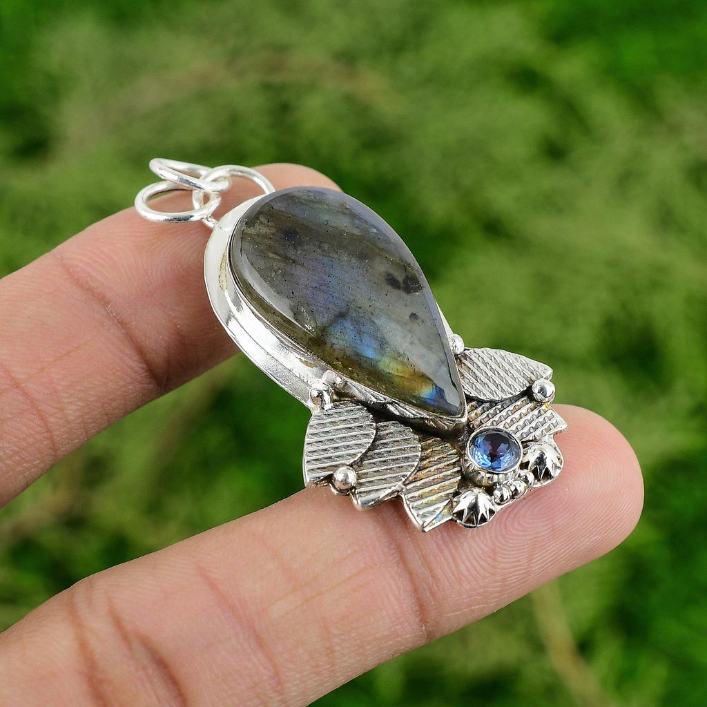 925 Silver Natural Labradorite Tanzanite Quartz Wedding Bezel Pendant Jewelry