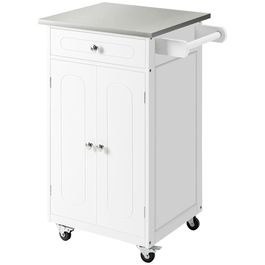Serving Trolley Kitchen Cart on Wheels Multi-Storage 1 Drawer 2-Door Cupboard with Shelf Towel Rack White MDF Stainless Steel