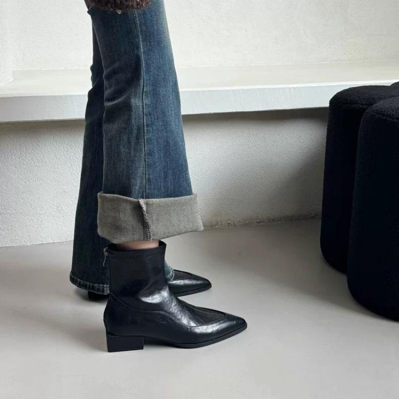 Pointed French Short Boots Women's Shoes Autumn and Winter New Soft Leather Martin Boots Thick Heel Versatile Chelsea Thin Boots