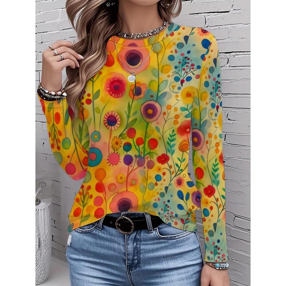 Women's T-Shirt Floral Graphic Plants Retro Long Sleeve O-Neck Pullover Regular Tops Daily 3D Print Autumn Tees Female Clothing
