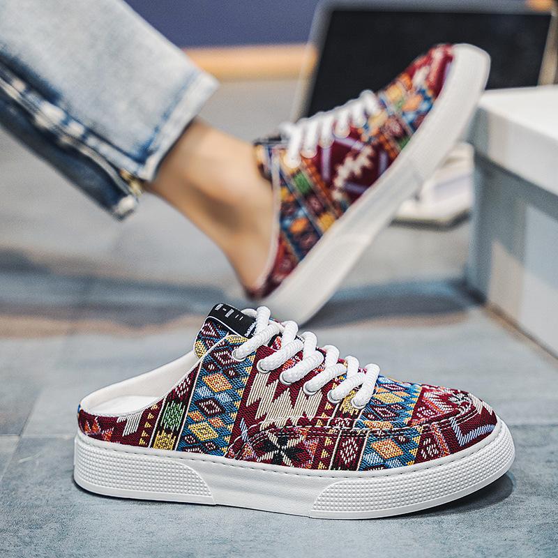 Men Casual Mules Printing Mesh Breathable Flat Slippers Men's Half Slippers Non-slip Casual Shoes for Men Non-slip Slippers Mens