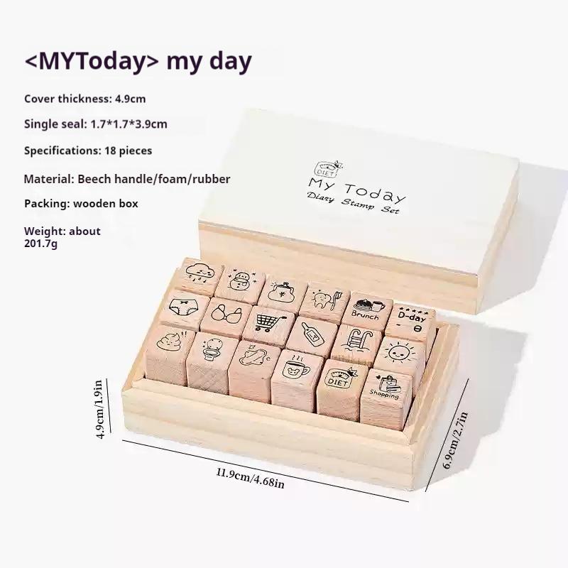 Exquisite Daily Life 18 Pieces Of Beech Wood Seal Set Diy Journal Decorative Materials Stamp Wooden Box Collage Stamp Gift