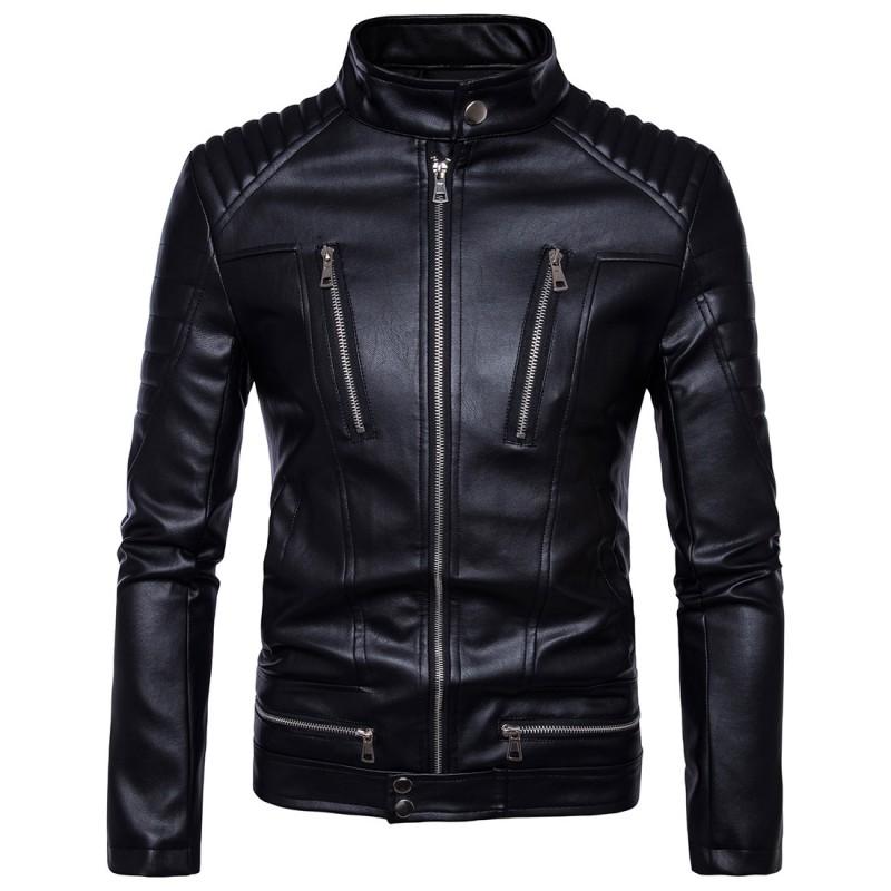 Mens PU Leather Biker Jacket With Multiple Zippers Casual Winter Outwear Nightclub Party Streetwear