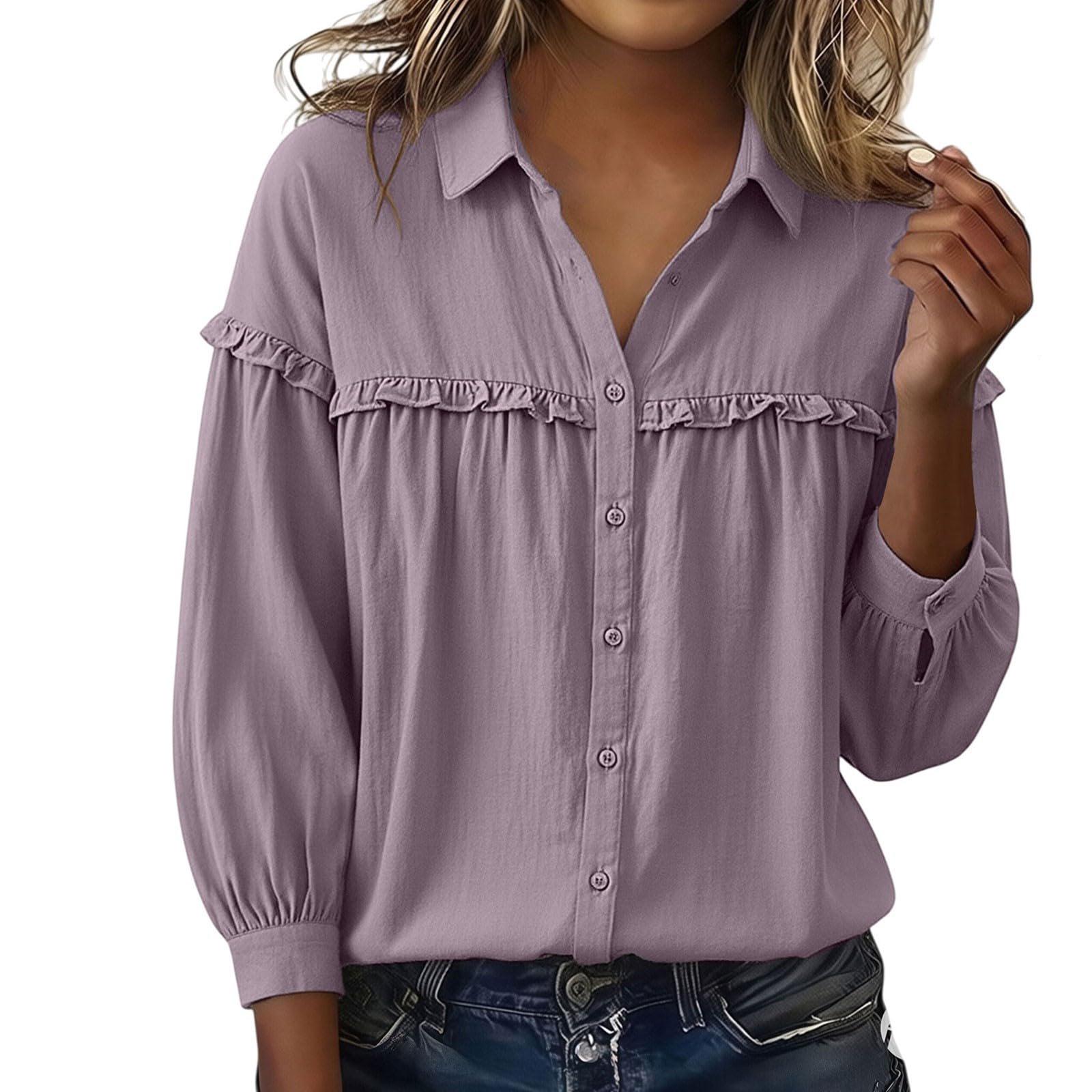 Womens Button Down Linen Shirts Collar Long Sleeve V Neck  Tops M фиолетовый