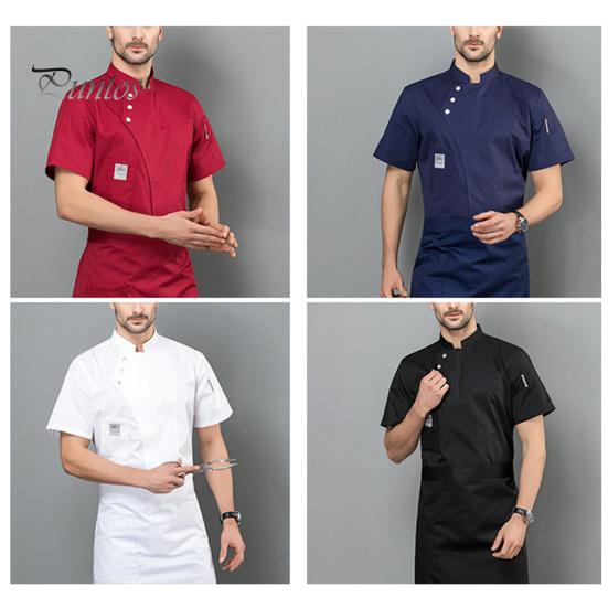 Solid Color Chef Top Slanted Collar Button Short Sleeve Pocket Hotel Workwear Professional Stand Cardigan Catering Uniform Kitchen Clothes Waiter