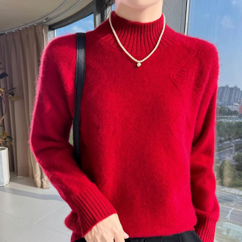 Women's Thick Wool Knit Sweater - Ribbed Half-High Neck, Long Sleeve, Loose Fit, Versatile Style.
