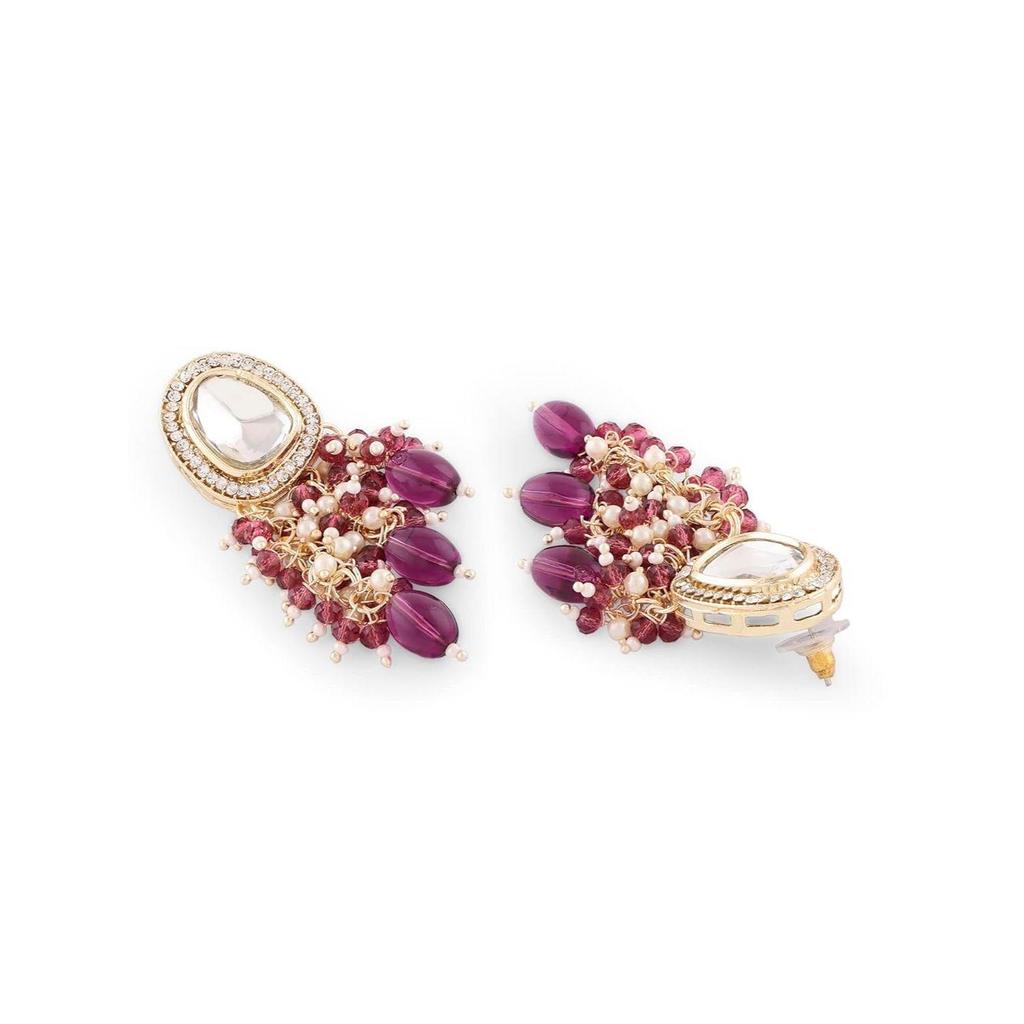 Purple Cluster Beads Embellished Kundan Traditional Drop Earring For Women