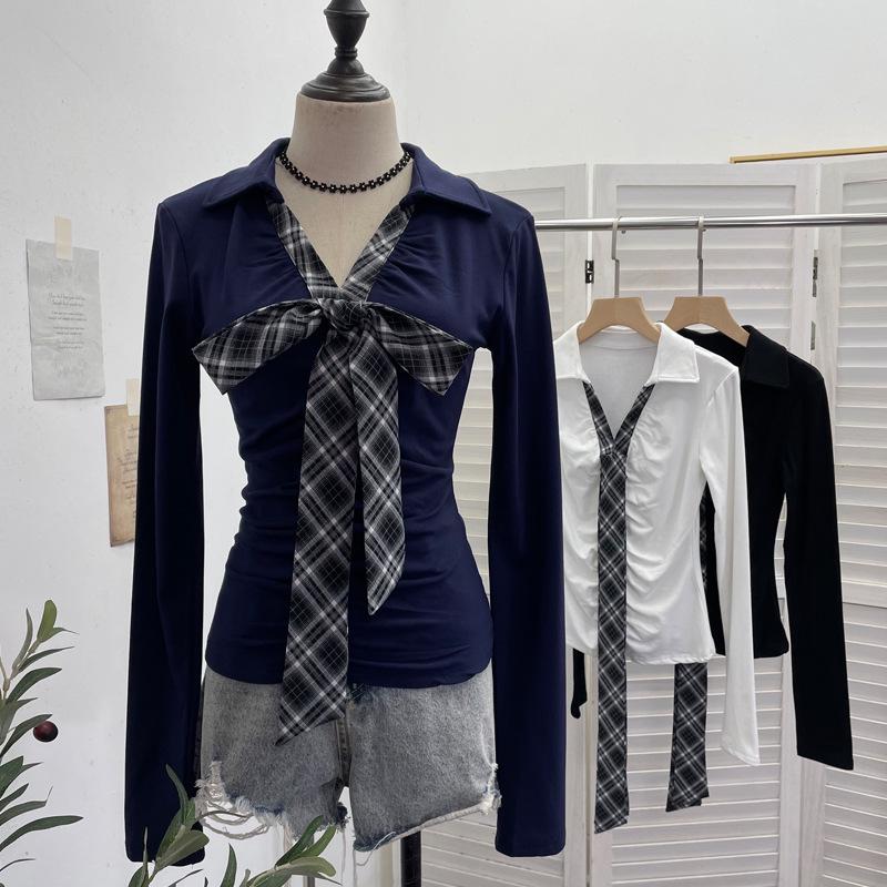 Spicy Girl V-Neck Bow Tie Lace-Up Long Sleeve Slim Pleated Top