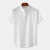 Summer 2024 Bestseller: Men's Solid Color Cotton Linen Stand Collar Short Sleeve Shirt - European & American Style