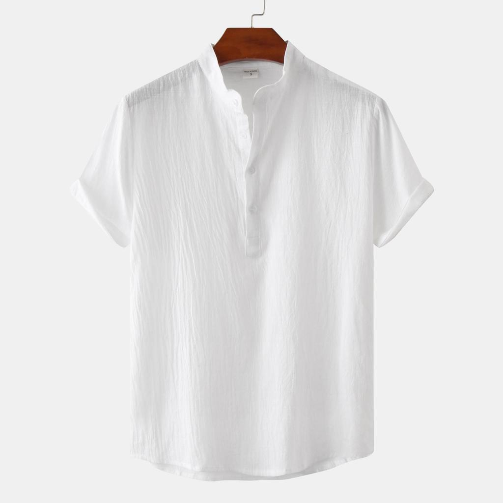 Summer 2024 Bestseller: Men's Solid Color Cotton Linen Stand Collar Short Sleeve Shirt - European & American Style
