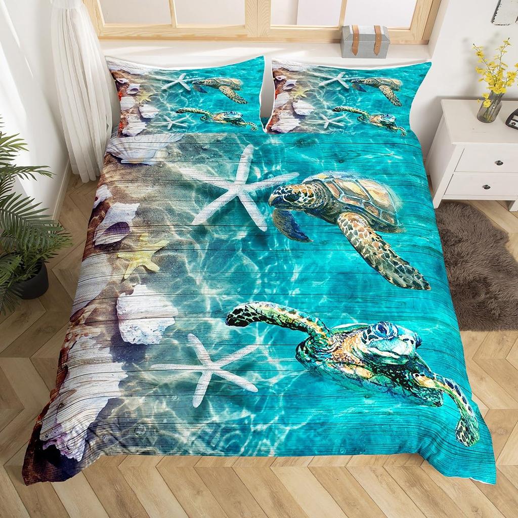 Beach Starfish Duvet Cover Set Blue Ocean Coastal Bedding Set Cute Ocean Creatures Seashells Starfish Print Comforter Cover Sets