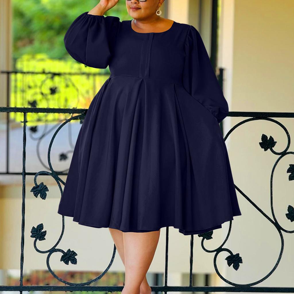 Plus Size Women's Fashion Casual Solid Color Skirt Puffy Sleeve Dress