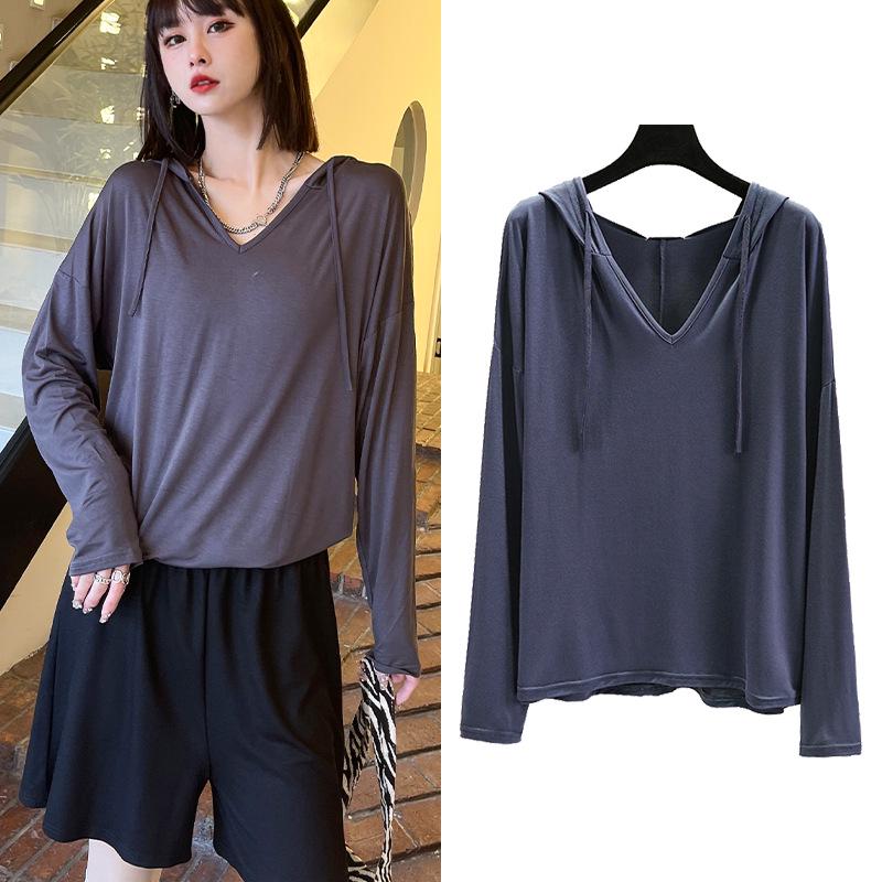 Plus Size Women's Long-Sleeve Modal T-Shirt - Hooded, Solid Color, Sun Protection, Lightweight for Spring/Summer