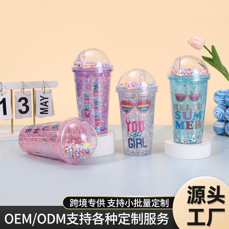 Water bottle summer simple creative digital plastic cup double vacuum cute student straw cup portable gift crushed ice cup