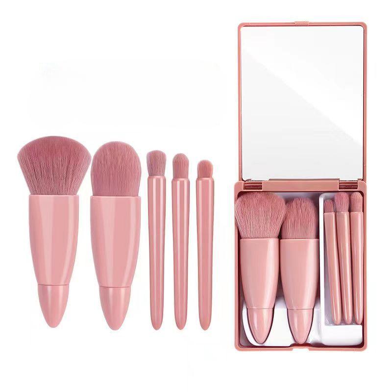 Foundation Brush, Loose Powder Brush, Eye Shadow Brush, 5 Pieces with Makeup Mirror, Travel Makeup Brush Set, Mini Portable Boxed Makeup Brush